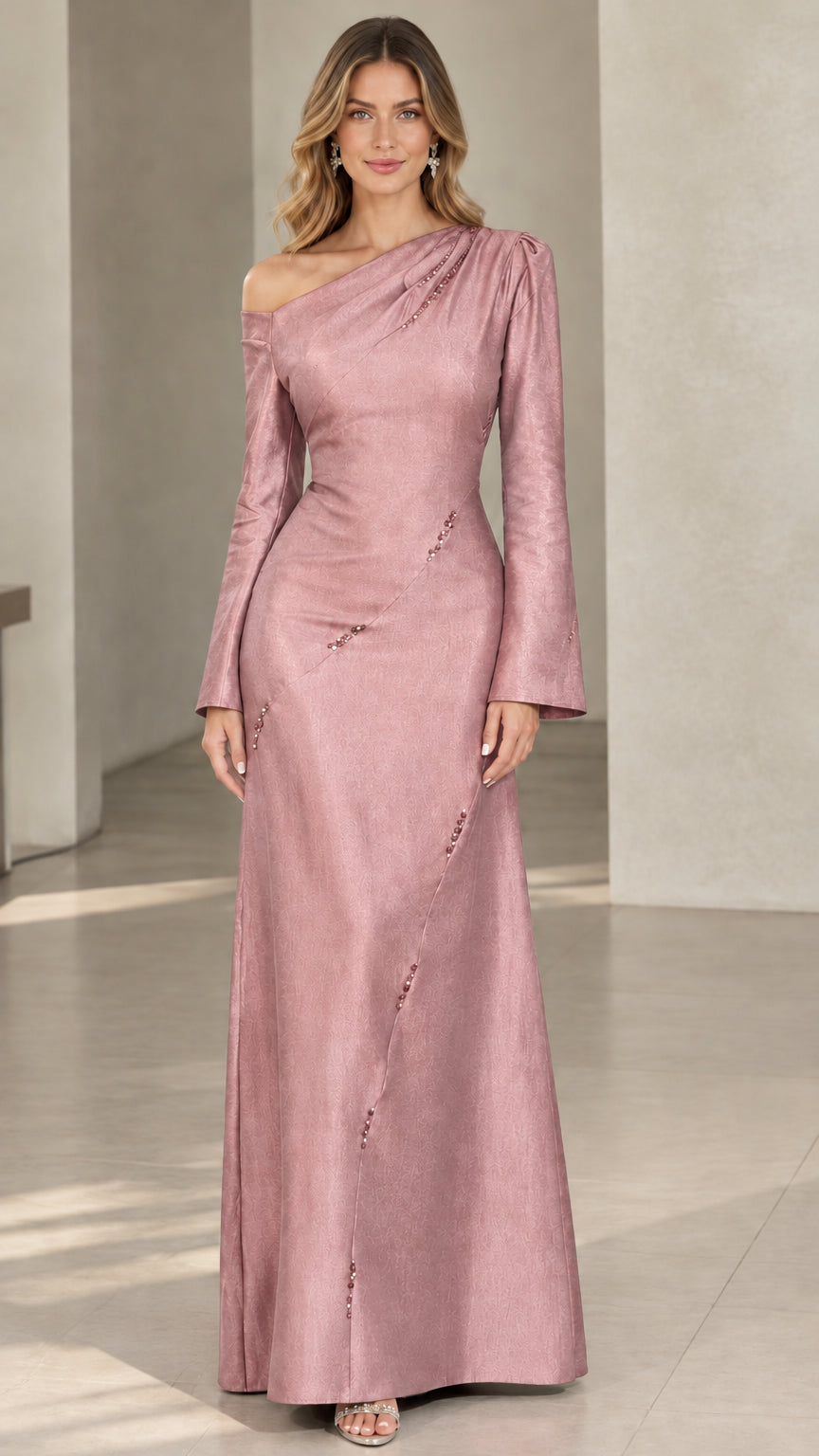 Dusty rose one-shoulder long sleeve evening maxi dress