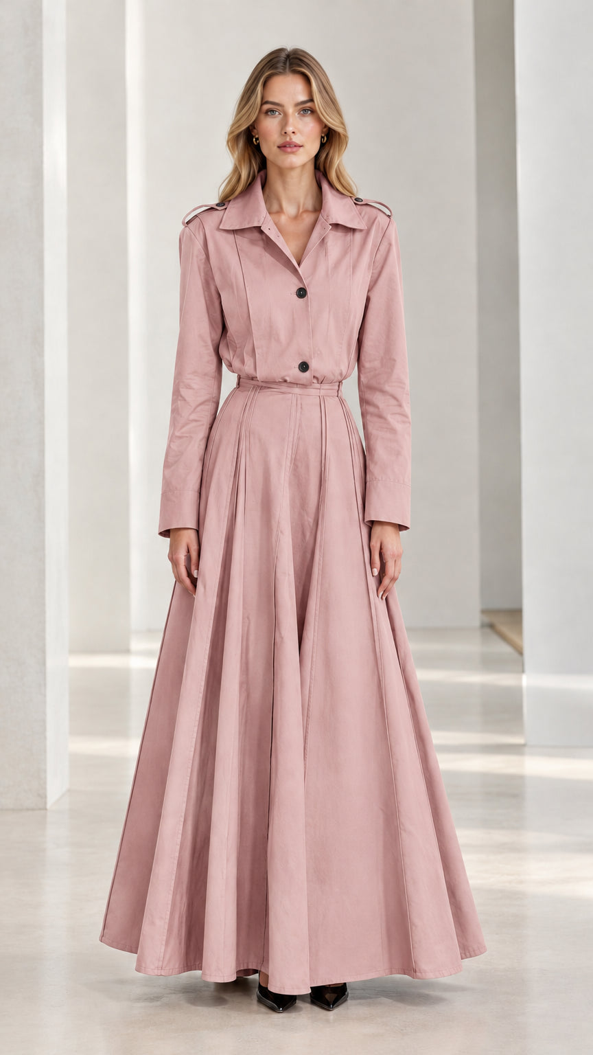 Front view of dusty pink pleated long sleeve trench maxi dress