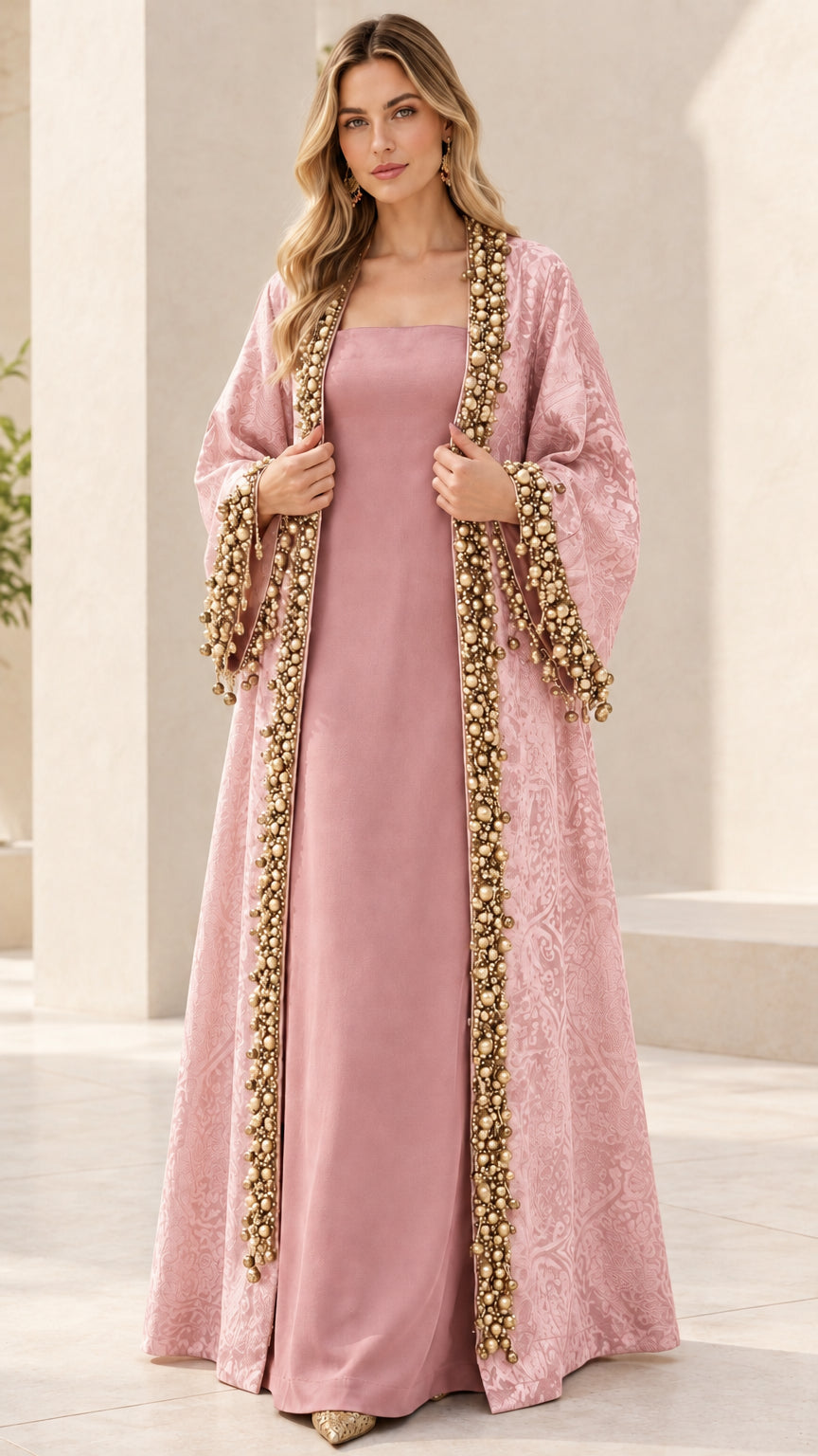 Model showcasing Dusty Pink embossed jacquard two-piece abaya set with gold bead trims