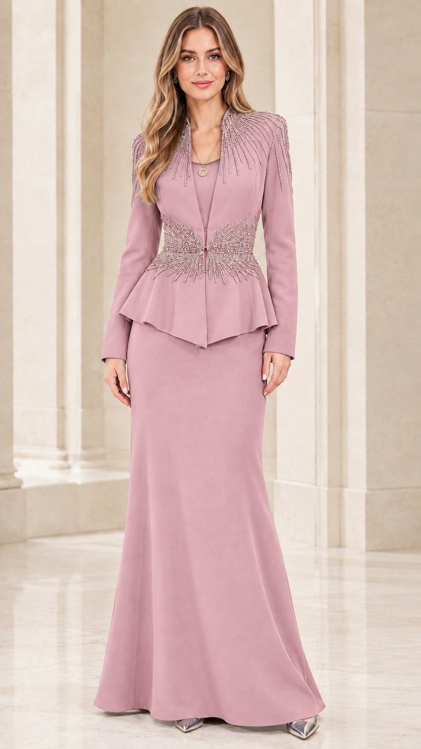 Dusty rose beaded peplum evening dress for mother of the bride