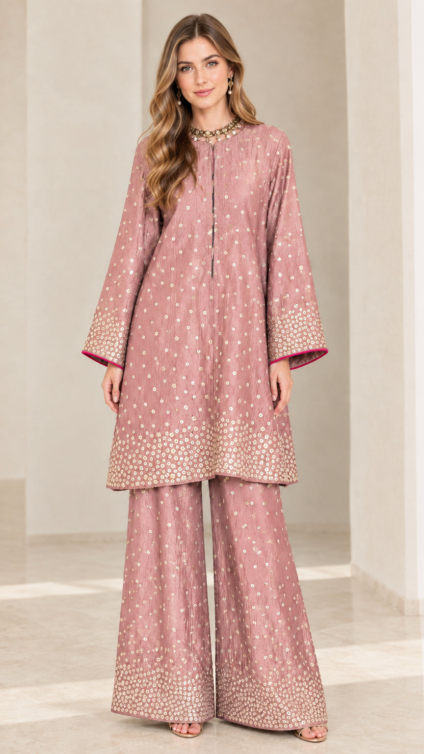 Model wearing Dusty Pink embellished tunic and matching wide-leg trousers