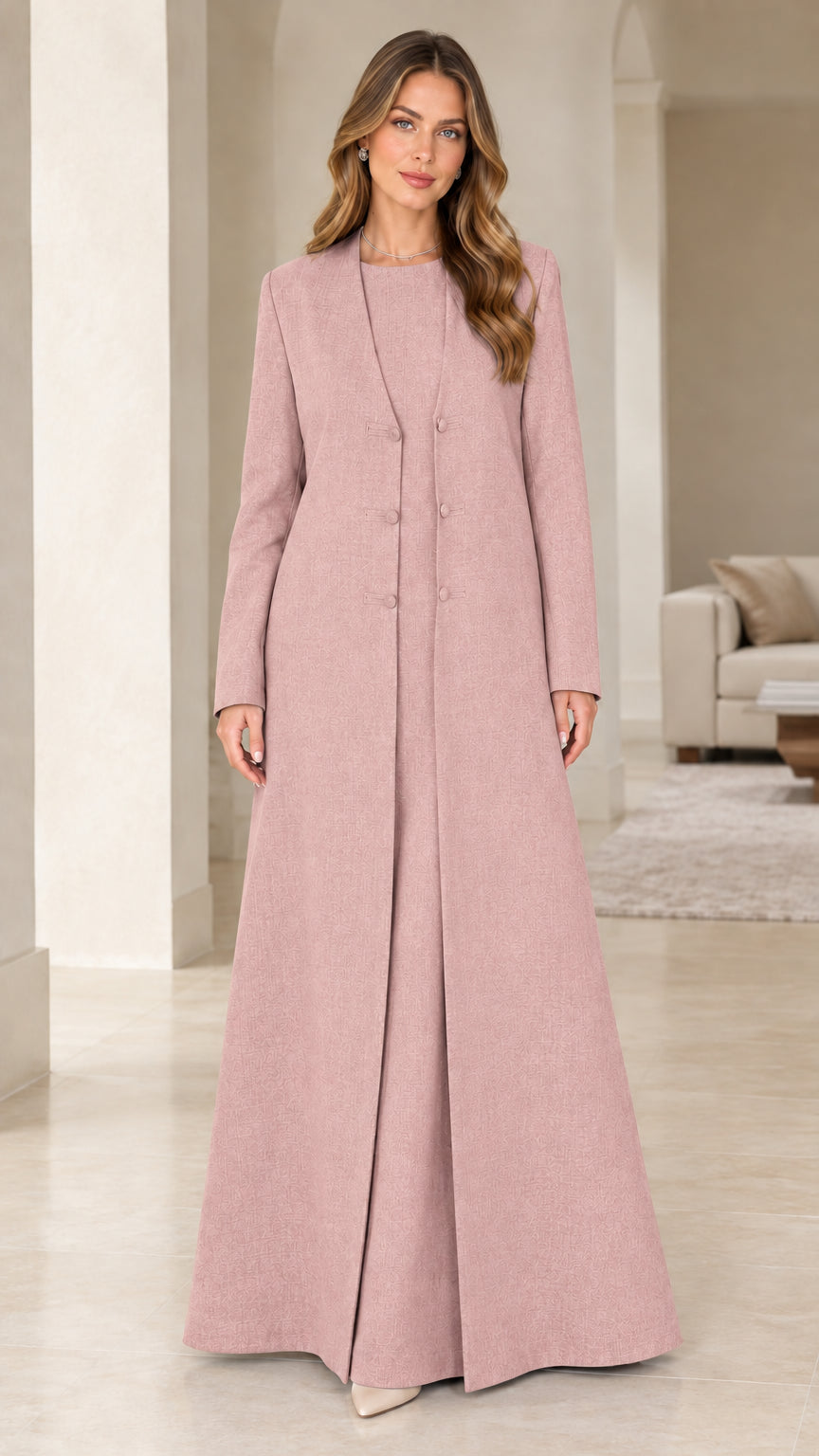 Front view of dusty pink two-piece evening maxi dress and coat set