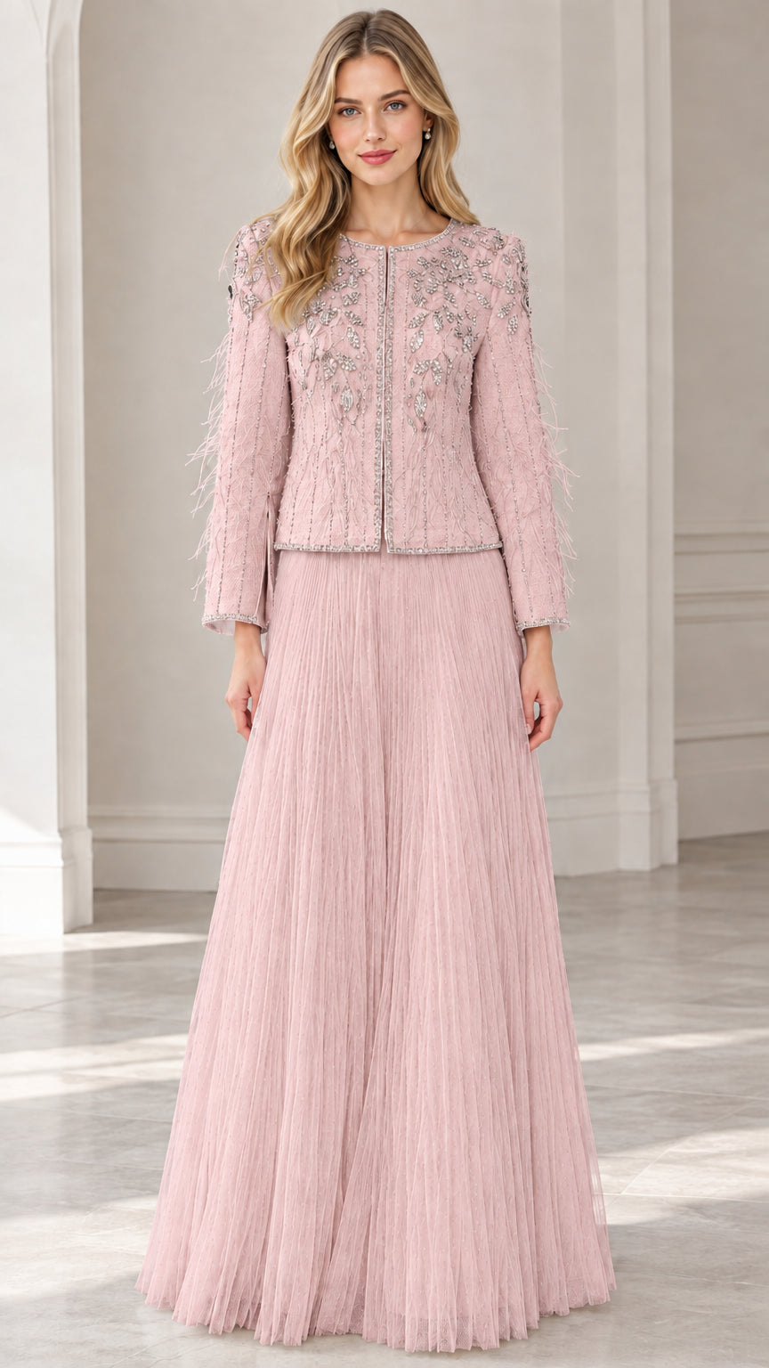 Dusty pink embellished jacket and pleated floor-length skirt evening set