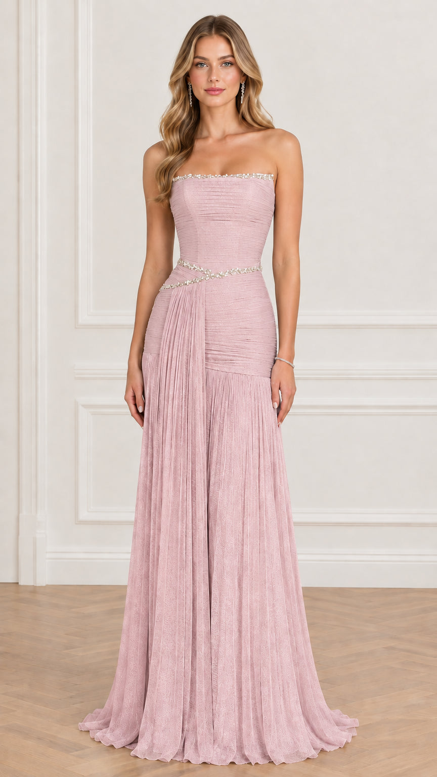 Front view of dusty pink strapless pleated formal dress