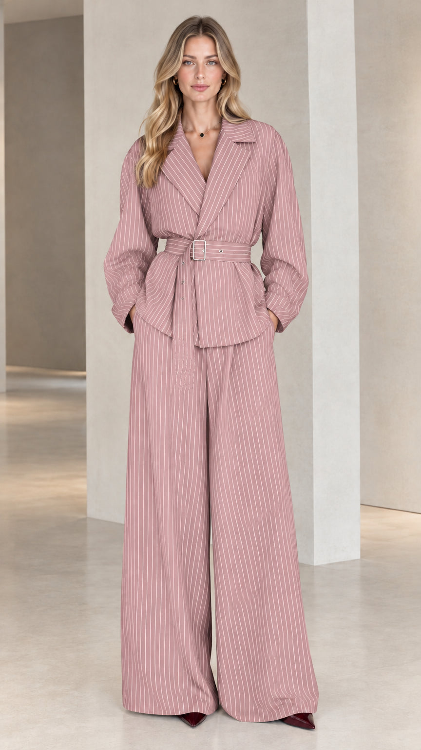 Model wearing Dusty Pink pinstripe belted blazer top and wide leg pants two-piece set