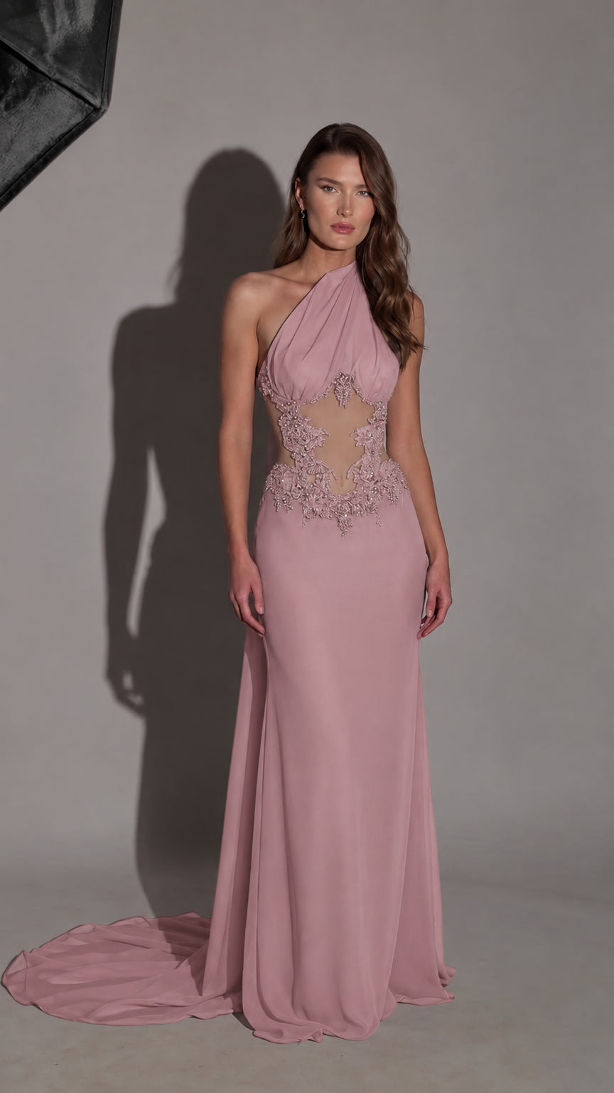 Front view of blush pink one-shoulder beaded waist formal gown
