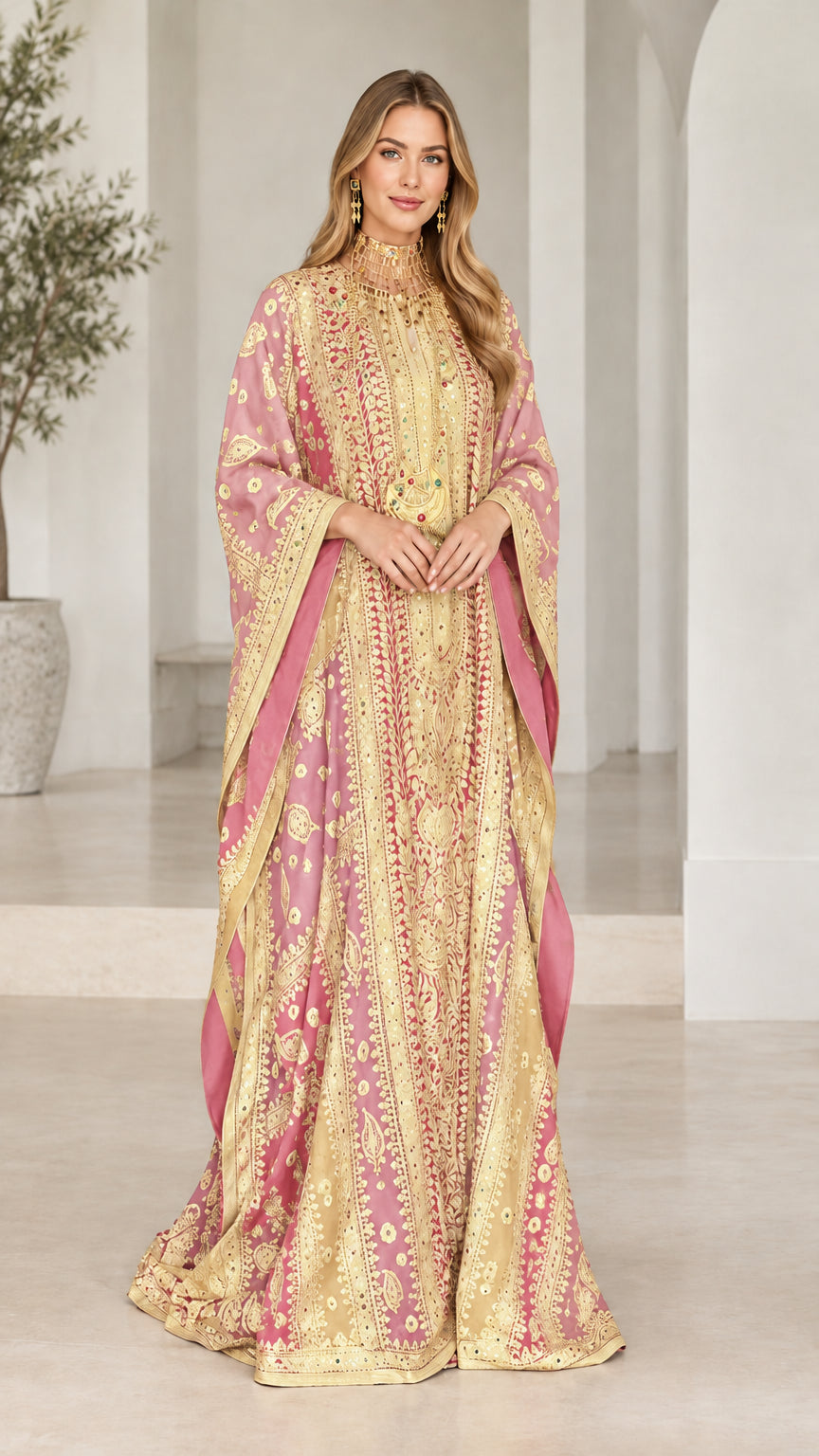 Blush pink and gold embroidered modest formal kaftan dress