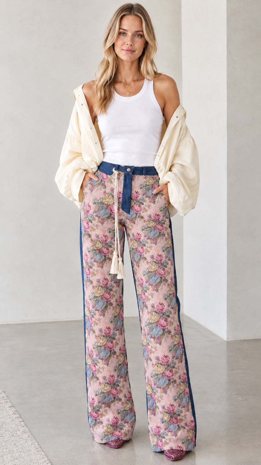 Model wearing Pink Floral wide-leg pants with denim contrast trim