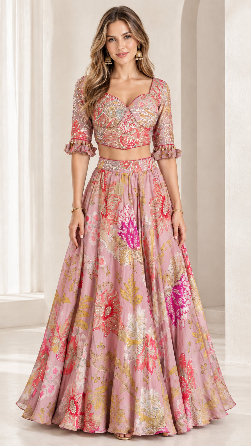 Front view of dusty pink floral print two-piece crop top and maxi skirt set