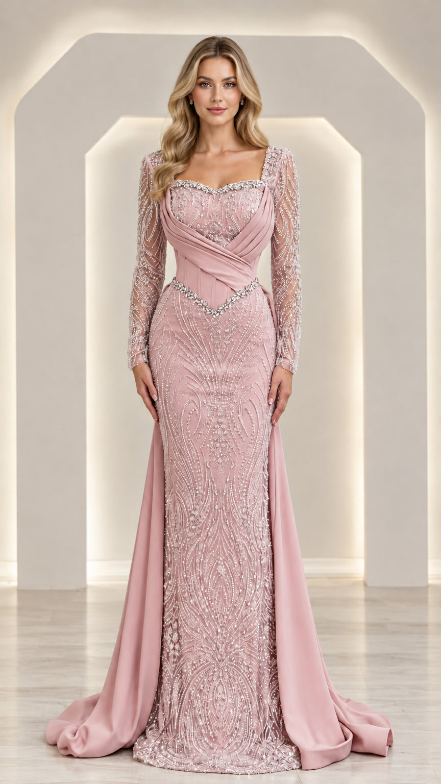 Dusty rose beaded illusion formal dress with draped satin bust and overskirt