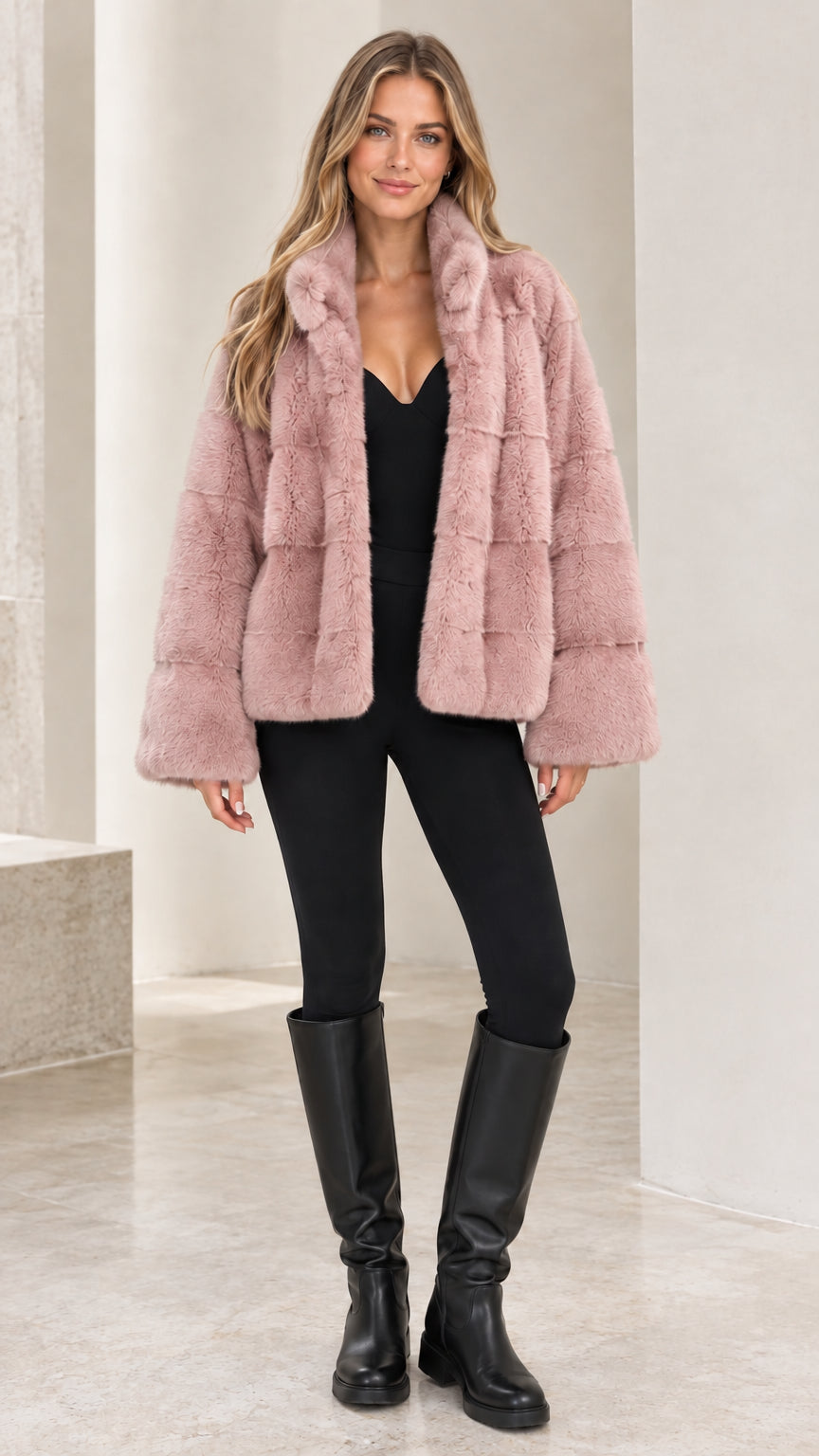Front view of model wearing Dusty Pink plush faux fur short jacket