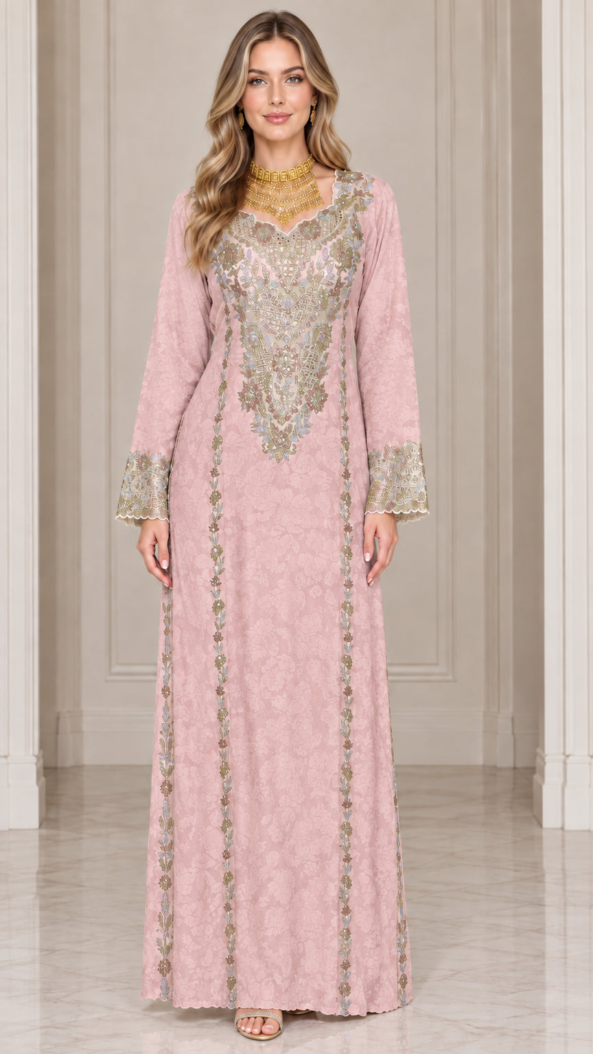 Front full-length view of dusty pink embroidered long sleeve maxi kaftan dress