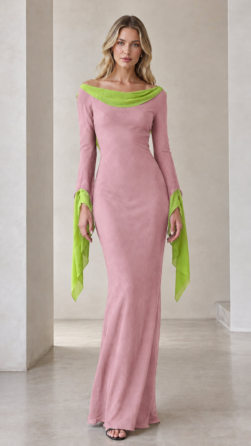 Dusty rose maxi dress with contrast lime green cowl neckline