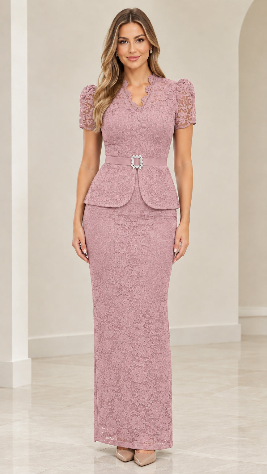 Model wearing Dusty Rose pink floral lace peplum maxi dress