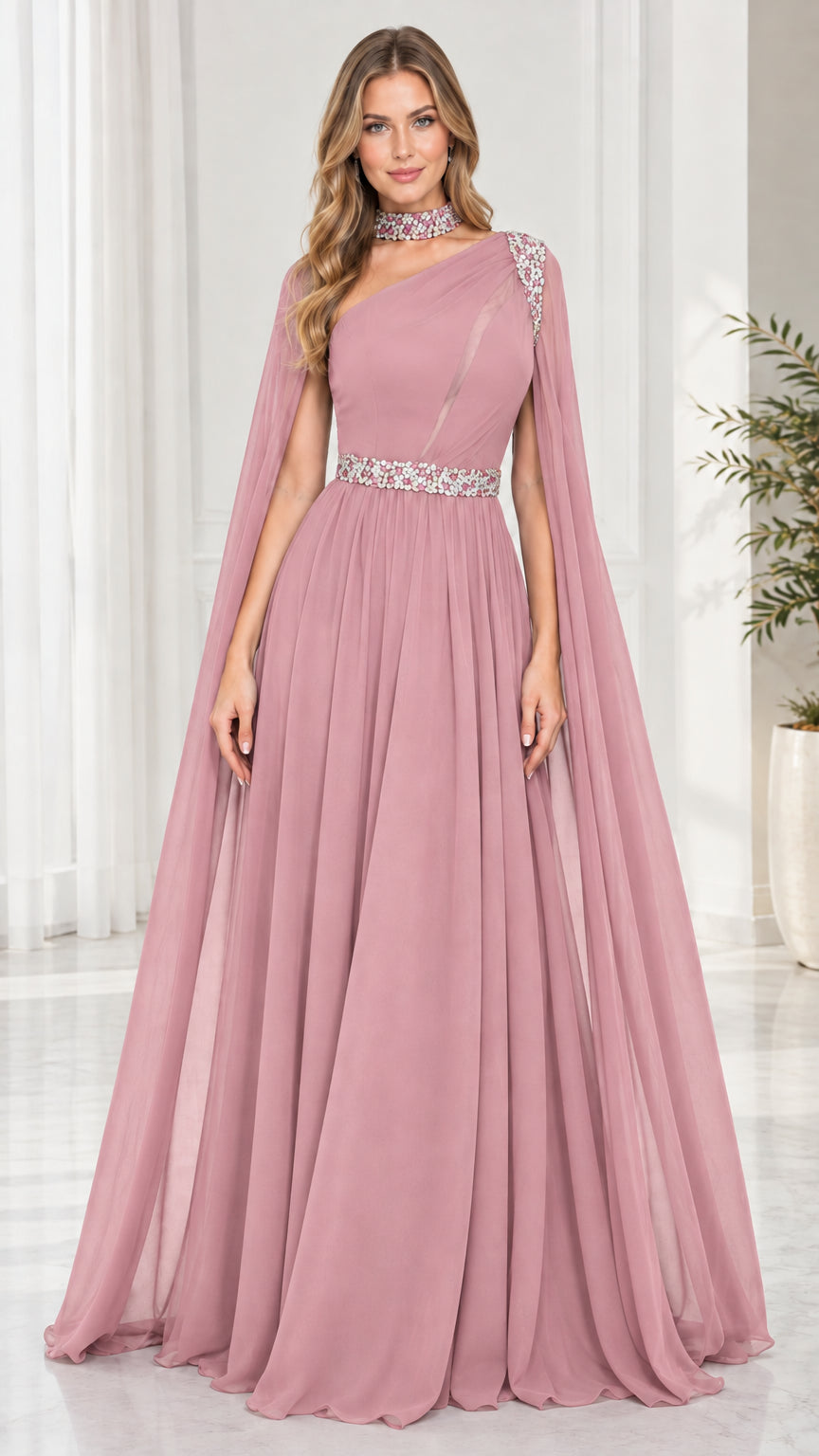 Front view of model in Dusty Rose one-shoulder cape formal gown