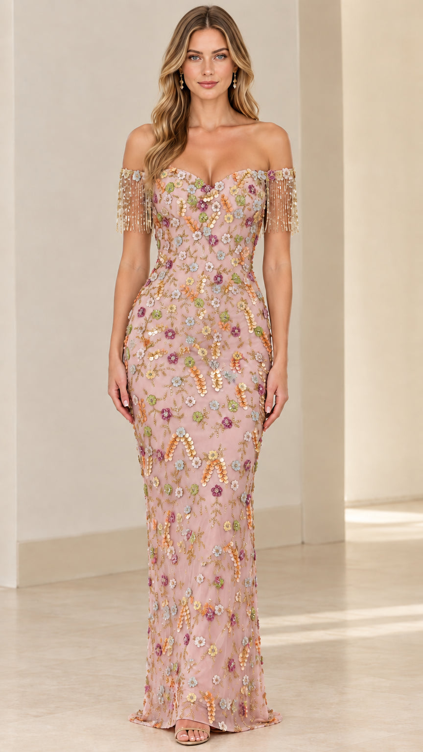 Blush Pink floral sequin embroidered off-the-shoulder formal maxi gown