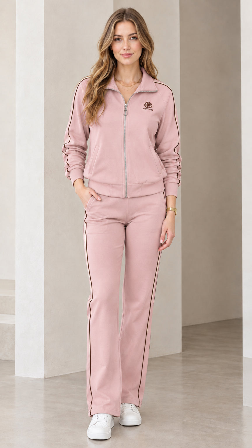 Women's dusty pink two-piece tracksuit set with contrast side stripes