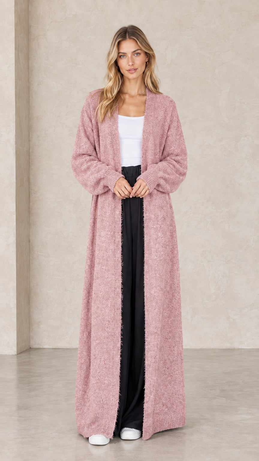 Full-length view of dusty pink maxi knit duster cardigan