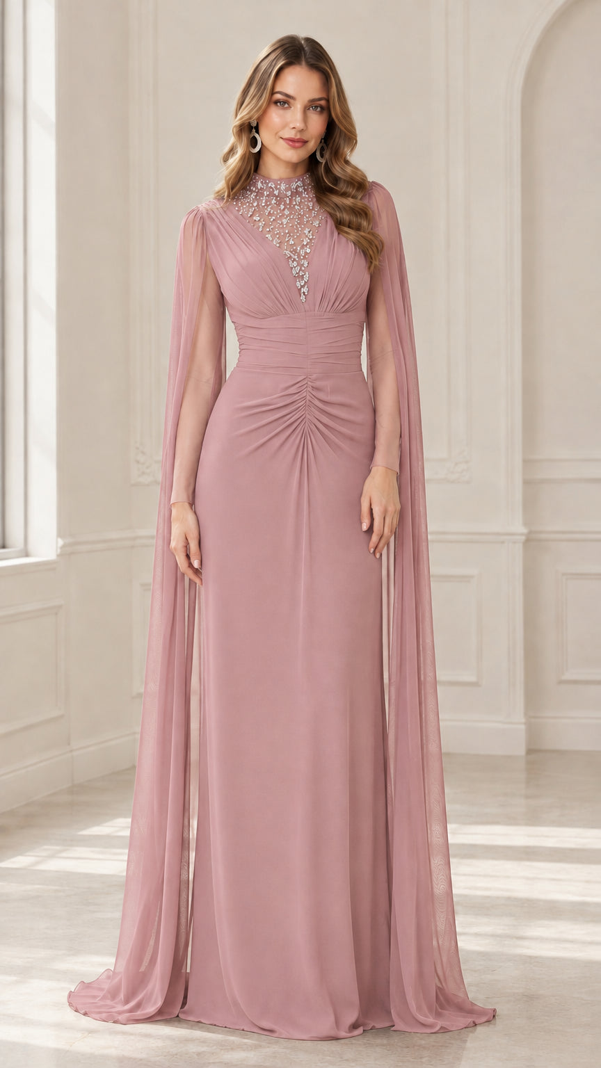 Front view of dusty rose pink beaded high neck evening dress