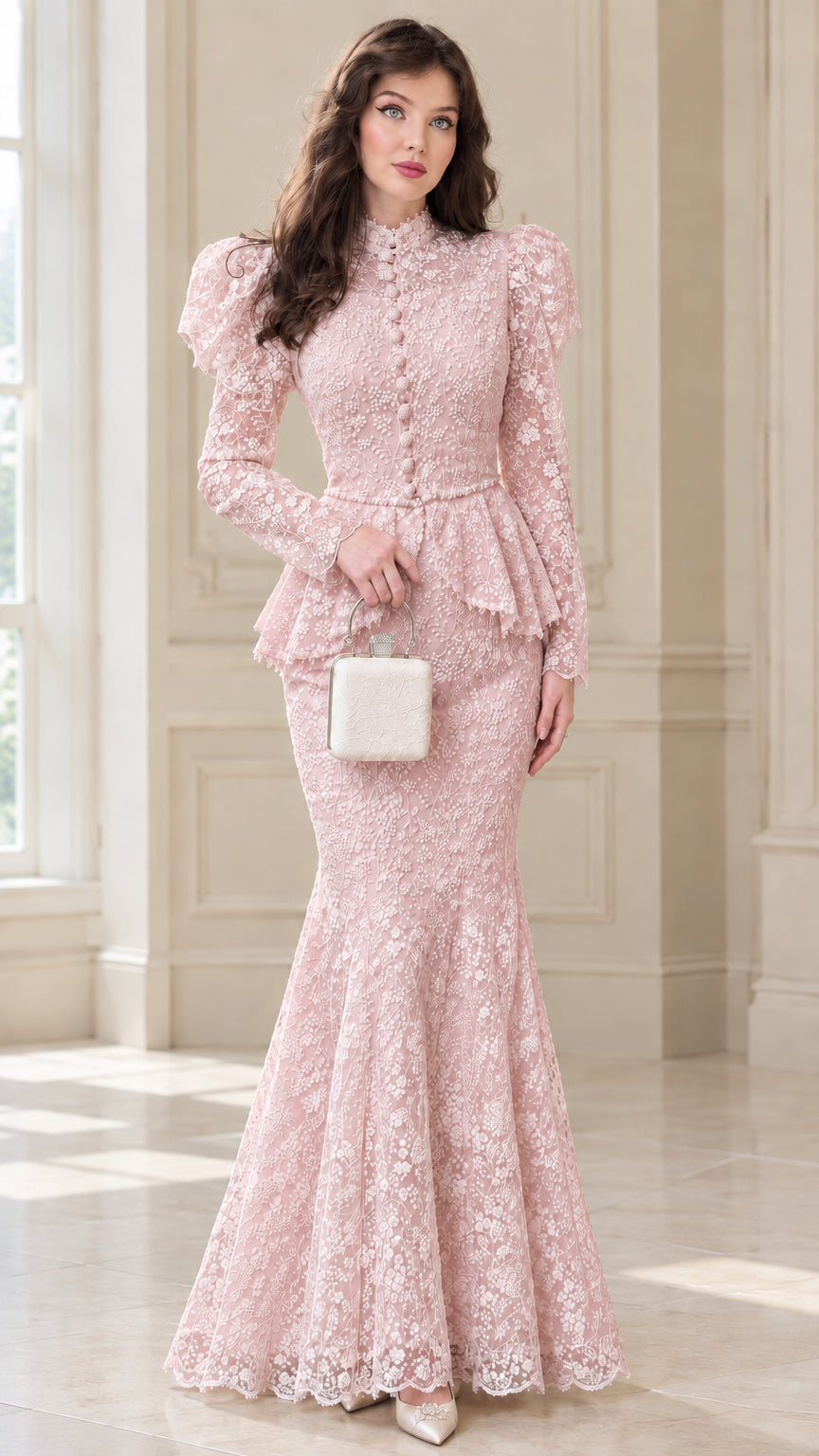 Model wearing Blush Pink long sleeve lace peplum maxi gown