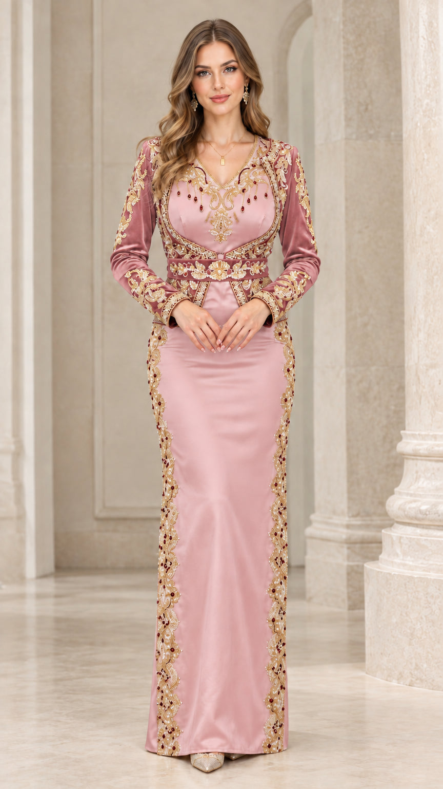 Front view of dusty pink velvet and satin maxi formal gown with gold embroidery