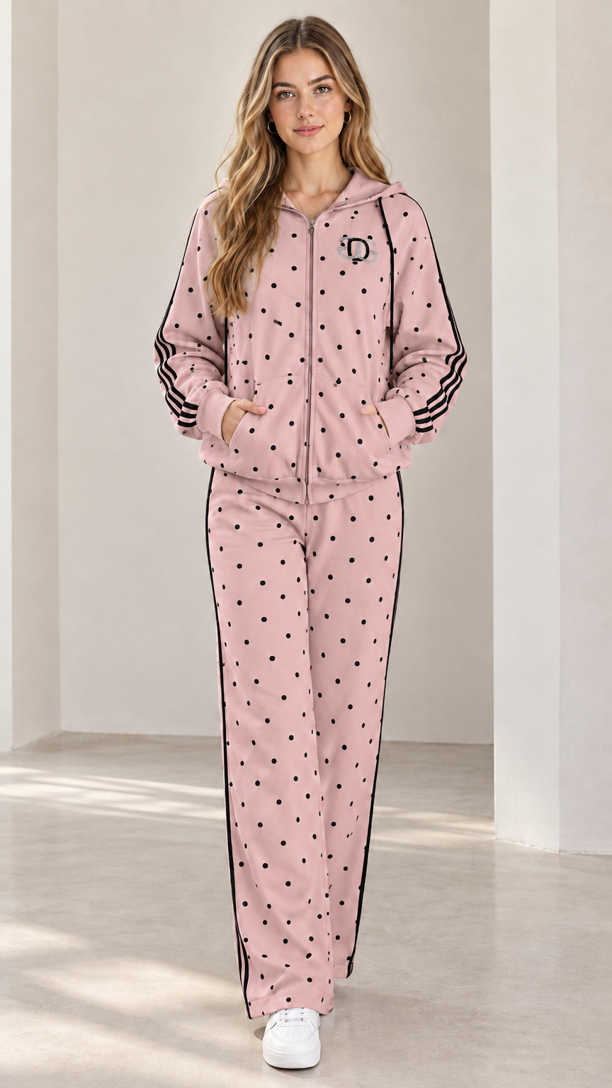 Model wearing dusty pink polka dot hooded tracksuit set with dark contrast stripes
