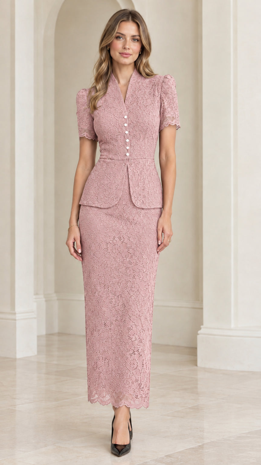 Front view of model wearing dusty pink lace peplum top and matching long skirt
