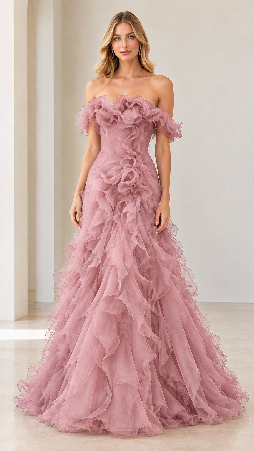 Full-length view of dusty rose off-the-shoulder ruffled tulle ball gown