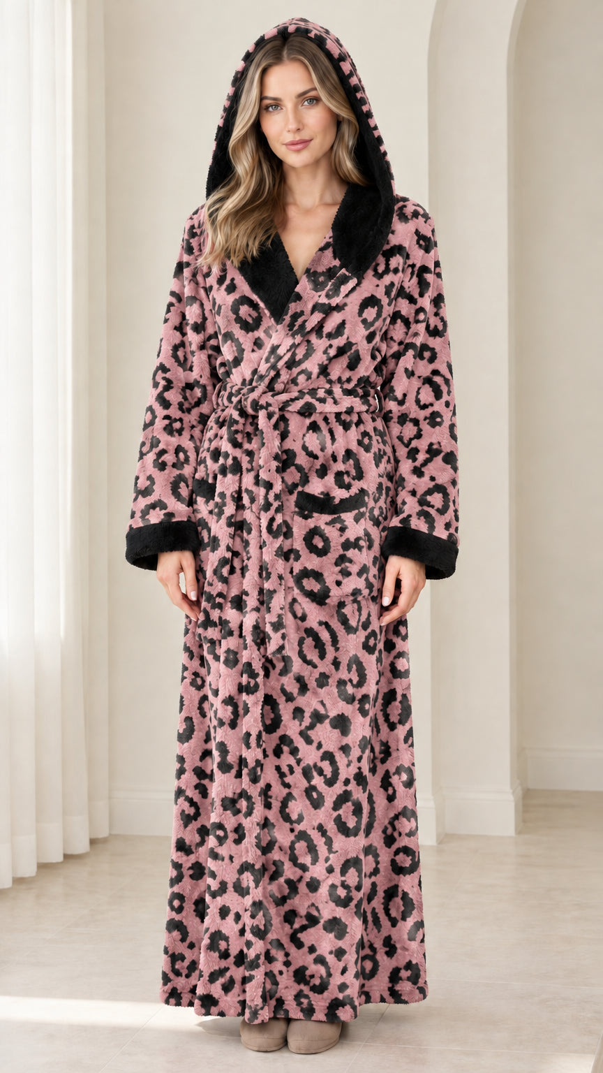 Front view of woman wearing dusty pink leopard print plush hooded bathrobe
