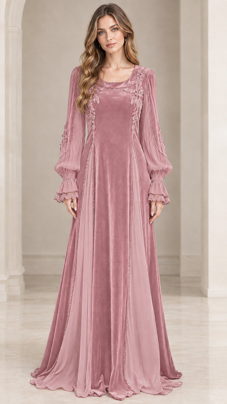 Front view of dusty rose pink velvet formal maxi dress with bishop sleeves