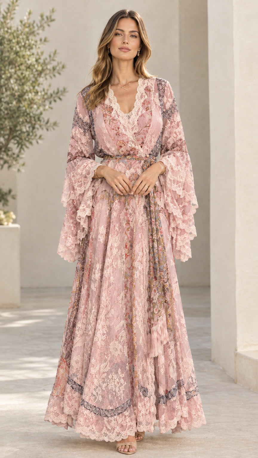 Blush pink vintage floral lace A-line evening dress