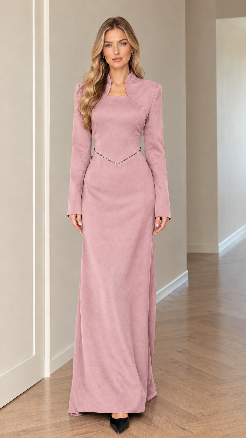 Front full-length view of model wearing Dusty Pink long sleeve formal gown
