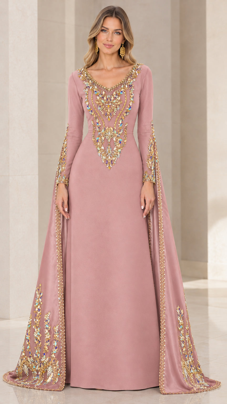 Front view of dusty pink formal gown with crystal beaded bodice and cape sleeves