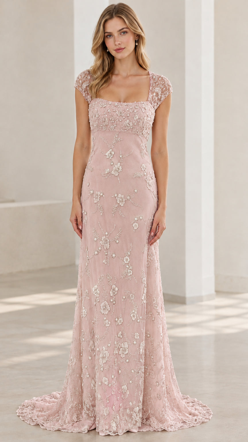Dusty pink beaded cap sleeve maxi evening dress front view