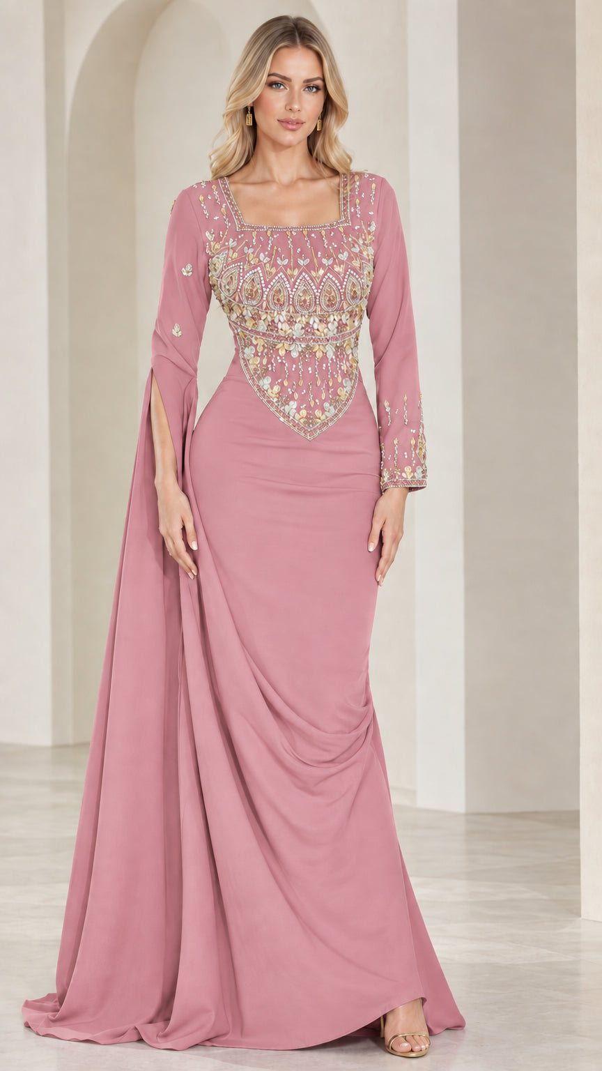 Dusty rose embellished square neck evening maxi dress