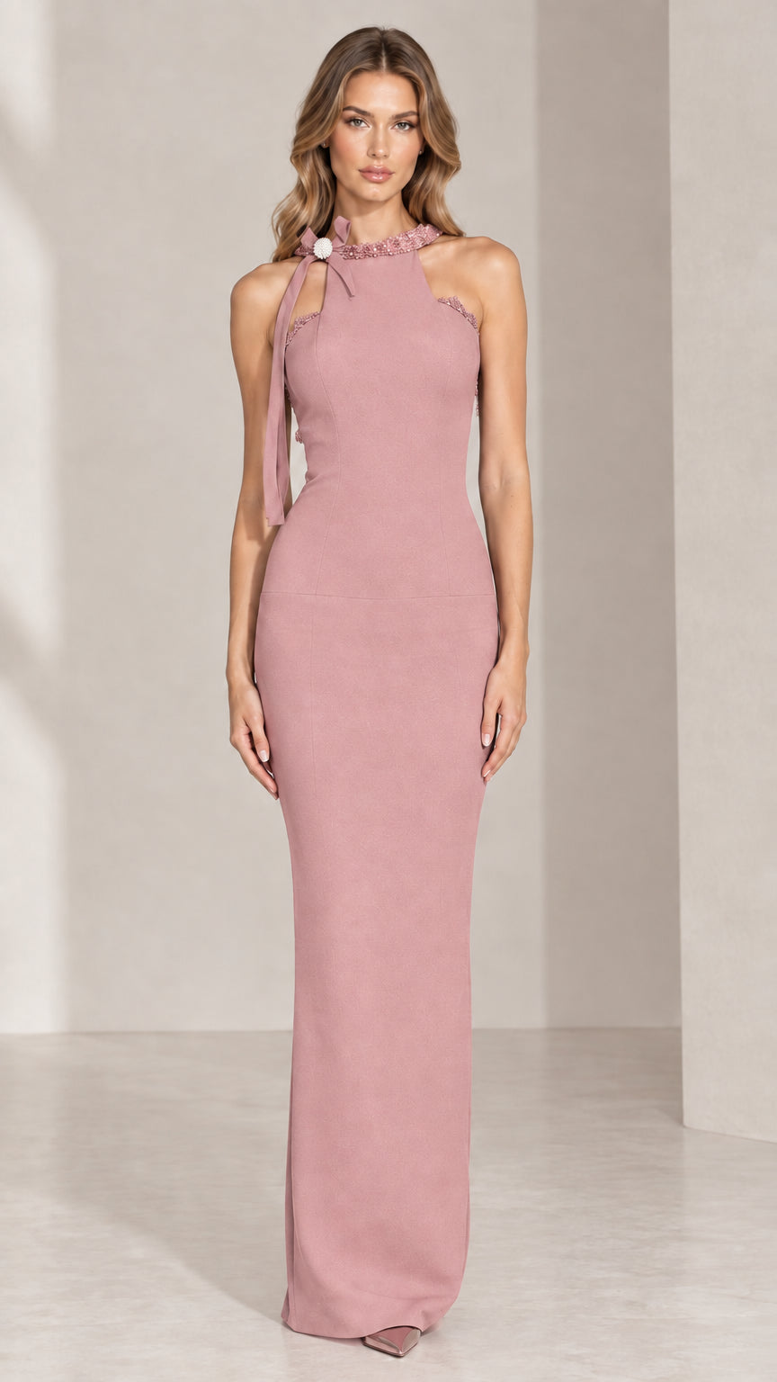 Dusty rose pink embellished halter maxi evening dress