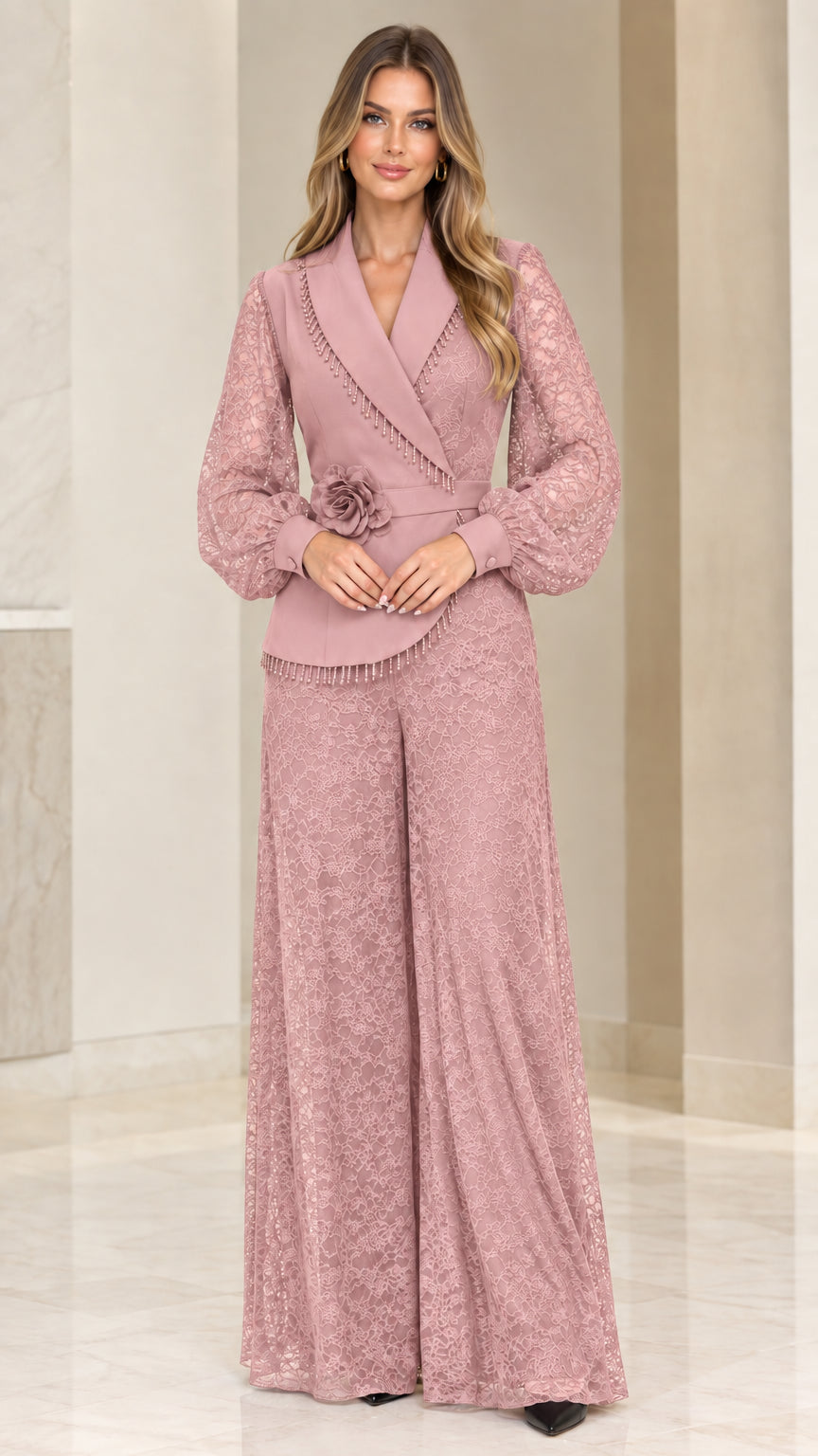 Dusty Rose pink formal beaded lace wide-leg jumpsuit on model
