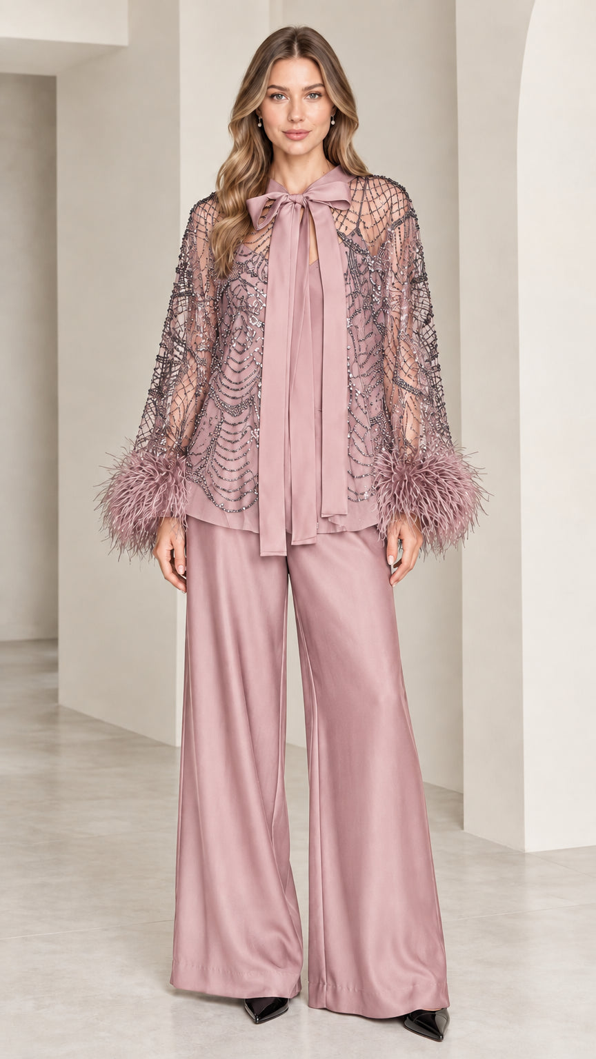 Dusty rose sequined bow top and wide-leg satin pant set