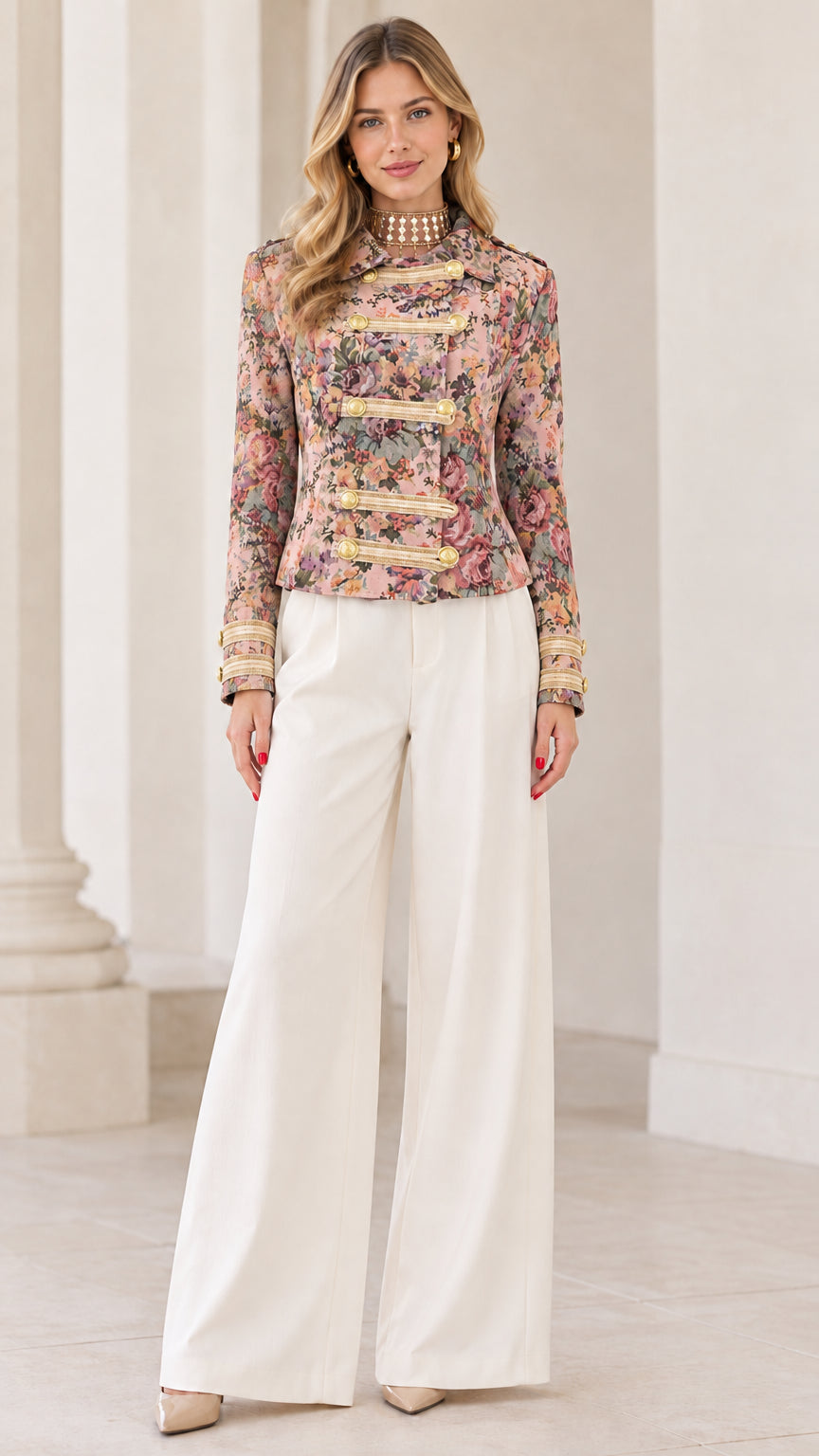 Full front view of Rose Floral tapestry military jacket styled with white trousers