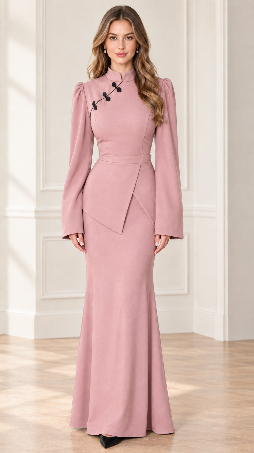 Full-length view of dusty pink mandarin collar long sleeve evening dress