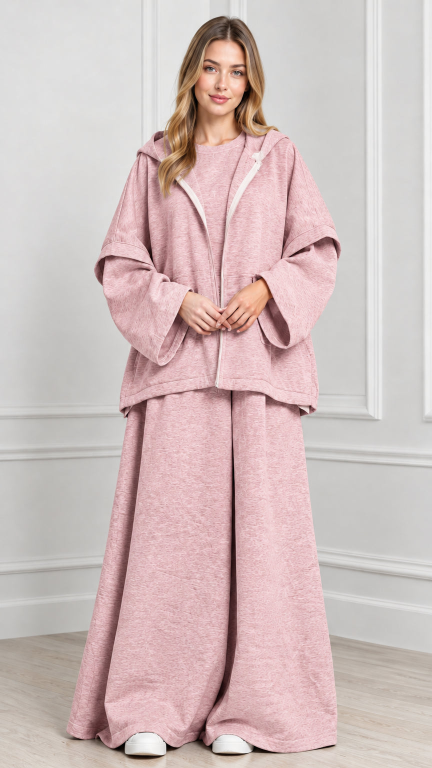Front view of woman wearing Dusty Rose hooded cape jacket and wide-leg pants set
