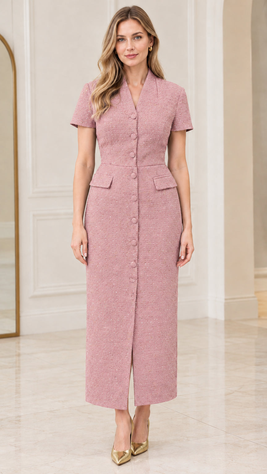 Model wearing dusty pink short-sleeve tweed midi dress with front buttons