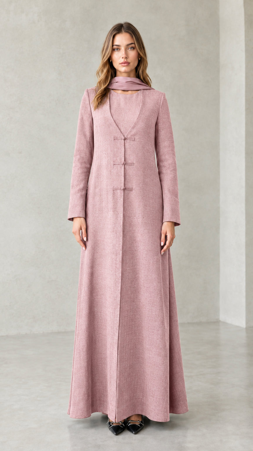Front view of model wearing Dusty Pink textured long sleeve maxi coat dress