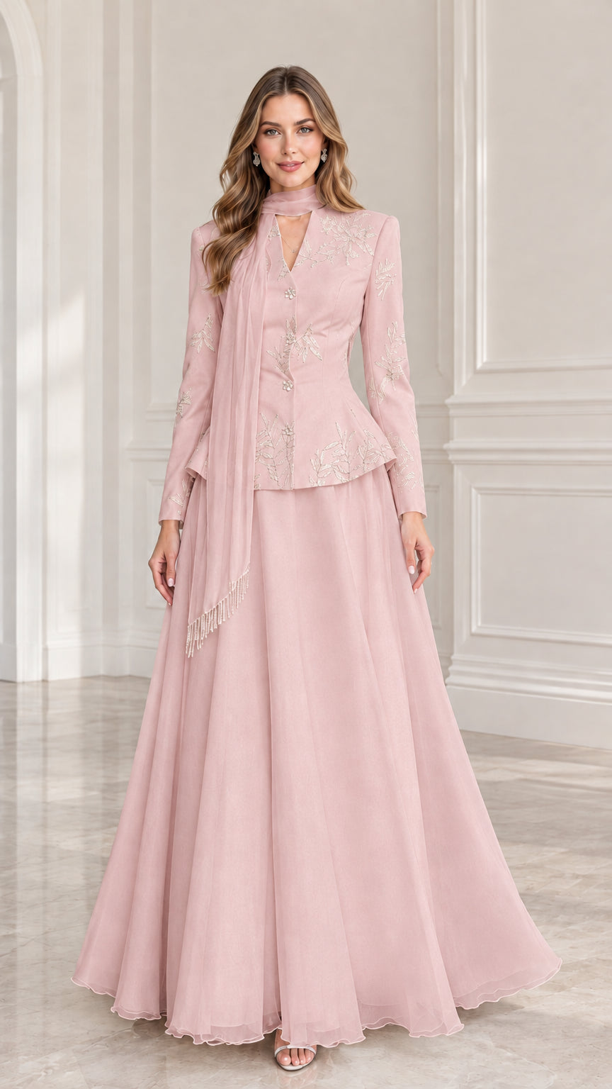Front full-length view of Blush Pink formal peplum skirt suit gown