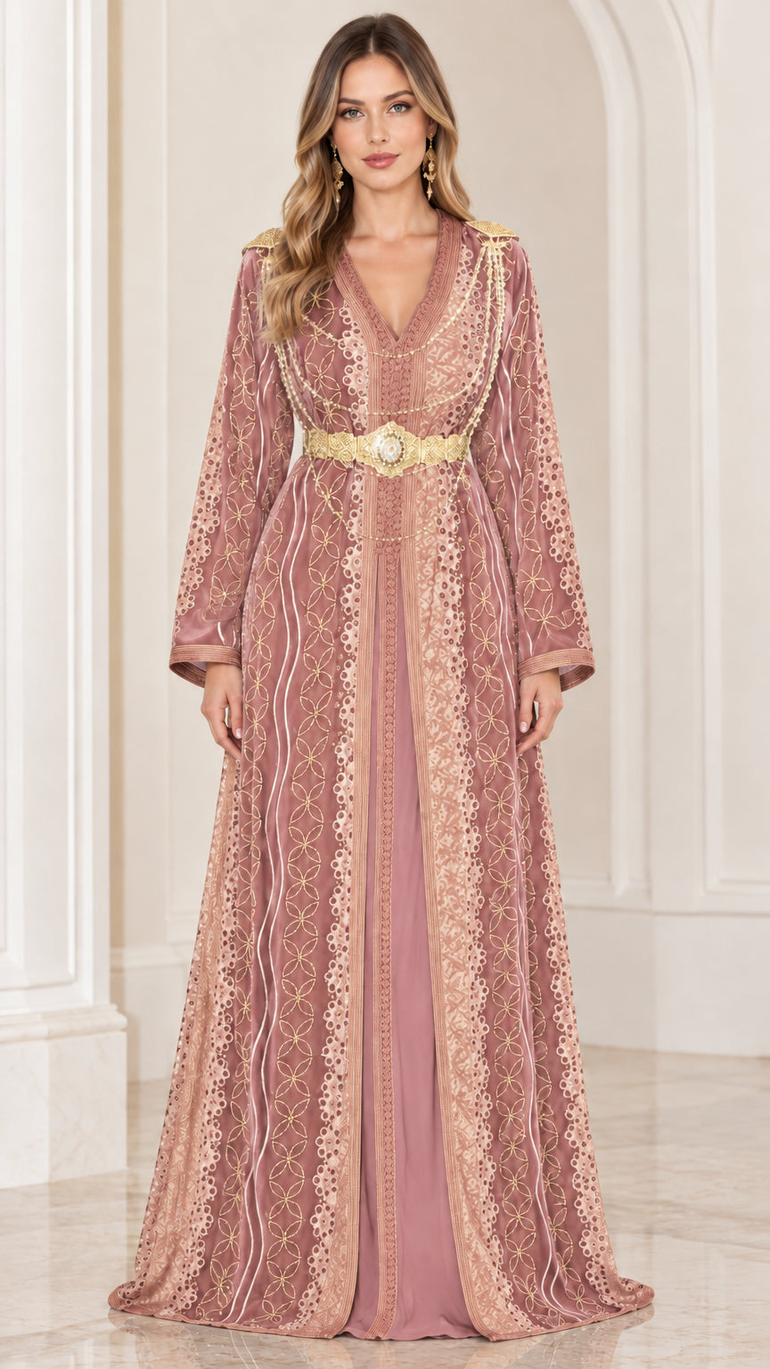 Front full-length view of dusty pink embroidered velvet Moroccan kaftan dress