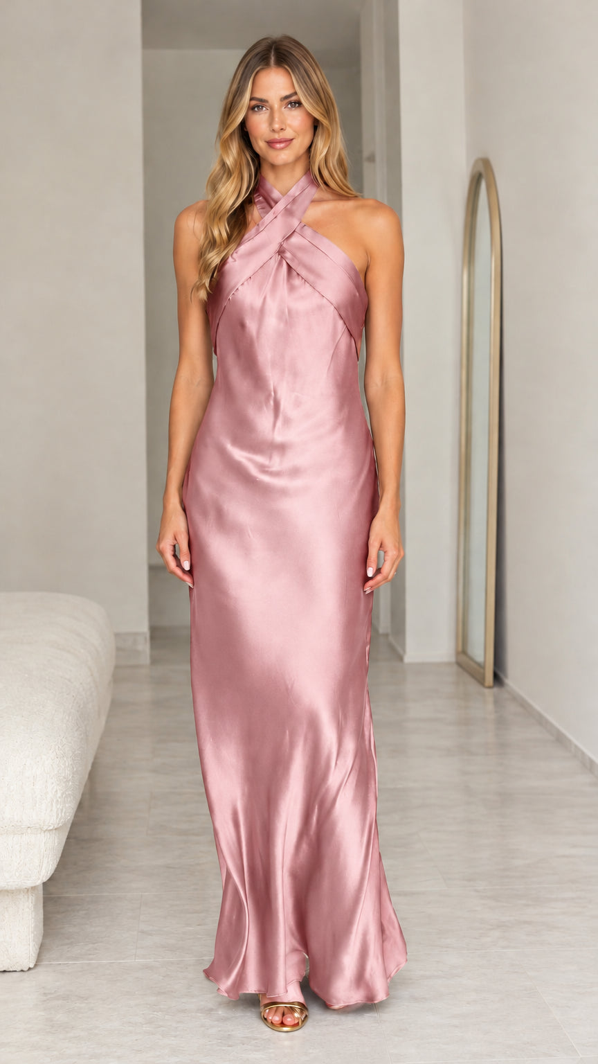 Dusty rose cross halter satin evening gown front view