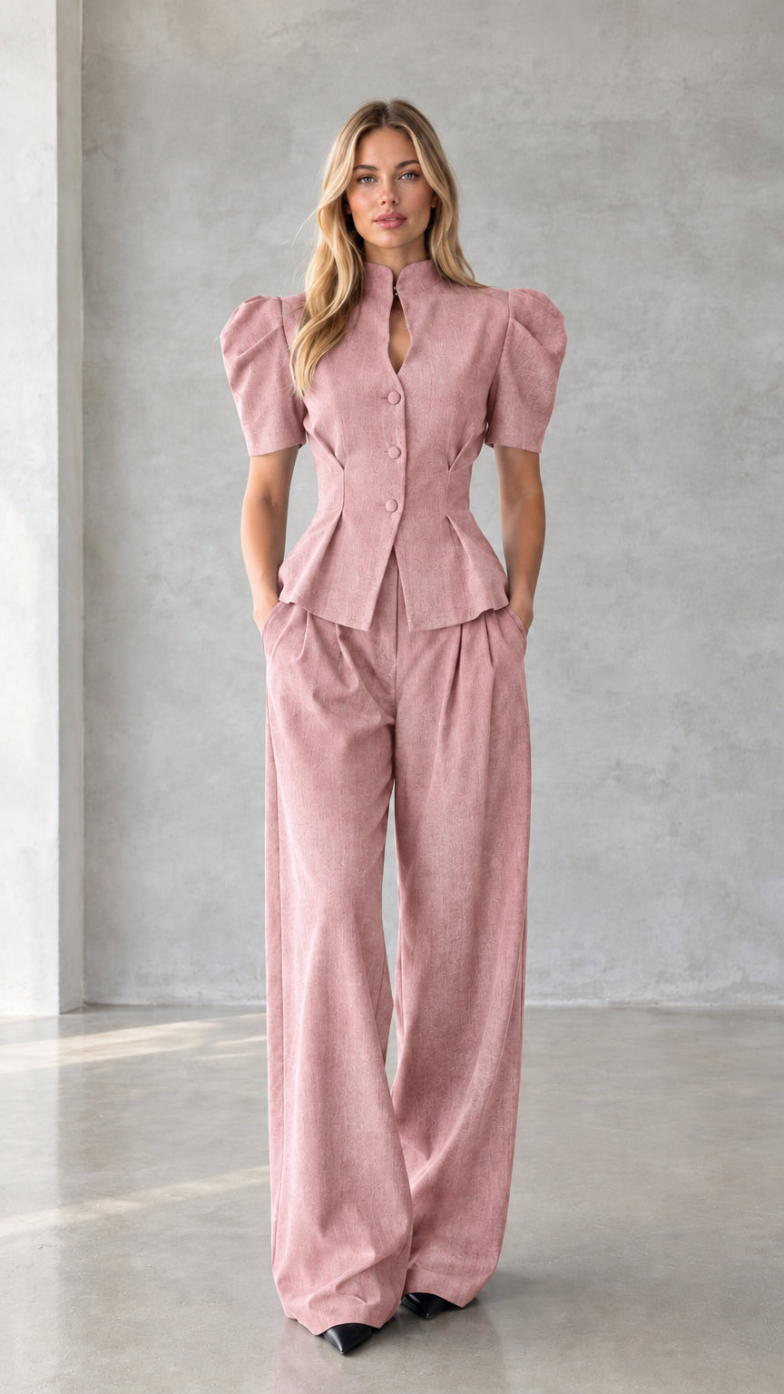 Dusty pink puff sleeve peplum top with matching pleated wide leg pants