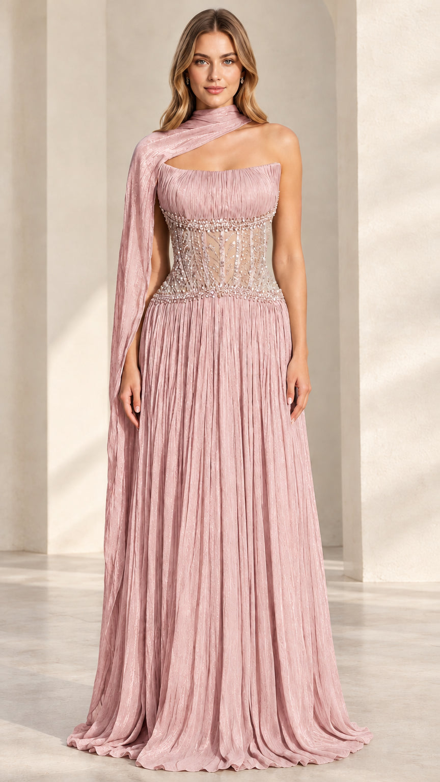 Dusty Pink formal maxi dress featuring beaded illusion corset and flowing pleated skirt