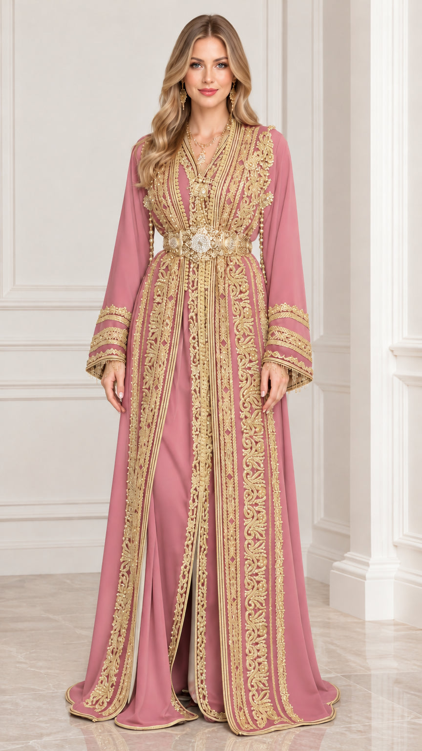 Full front view of dusty pink Moroccan caftan dress with gold embroidery