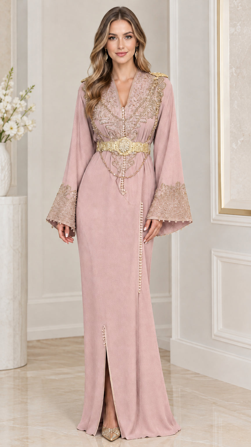 Full-length view of dusty pink embellished formal kaftan gown
